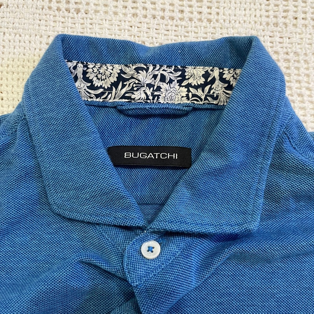 Bugatchi Mens Blue Pique Knit Short Sleeve Button Down Shirt Floral Trim Collar - Picture 2 of 3